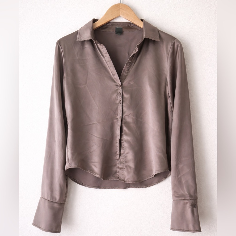 Wild Fable Satin Button-Front Blouse Top - Taupe Size Small